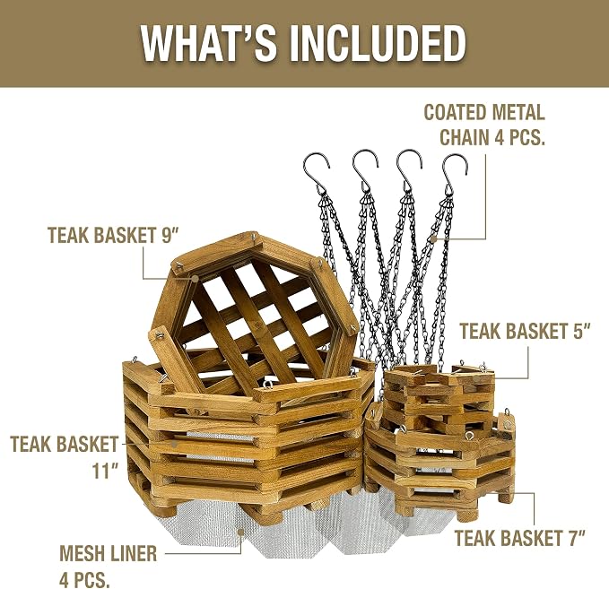 Teak Orchid Hanging Basket Set (4 Pack) – Solid Teak Wood Orchid Planters – Handmade Hanging Baskets for Vanda Orchids & Air Plants (Octagon)
