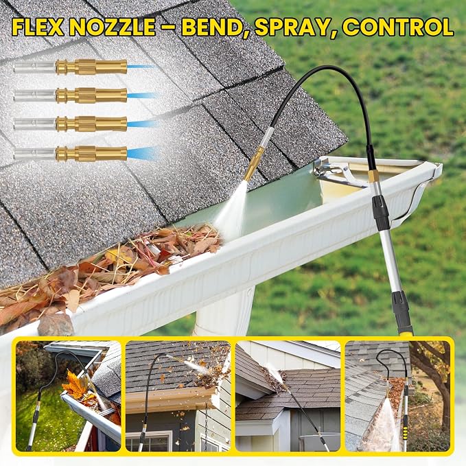 24FT Reach Gutter Cleaning Tools from Ground, Telescopic Rain Gutter Cleaner Tool with Garden Hose Attachment and Bendable Sprayer Wand