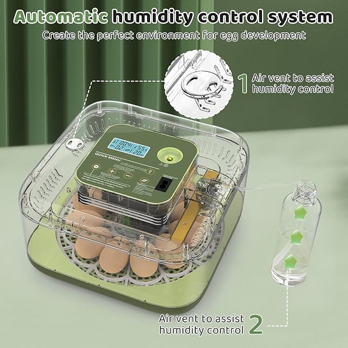 Incubators for Hatching Eggs 12 Egg Digital Egg Incubator Precision Auto Temp Humidity Control 6 Gear Adjustable Auto Turner Auto Stop Turning Hatching Days Display for Chicken Duck Goose Eggs (Green)