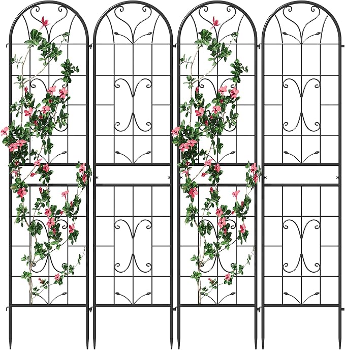 4 Pack 87x20in Garden Trellises, Ornate Scrollwork Black Metal Coated Rustproof Trellis for Climbing Plants Outdoor, Roses, Vegetables, Vines, Cucumbers