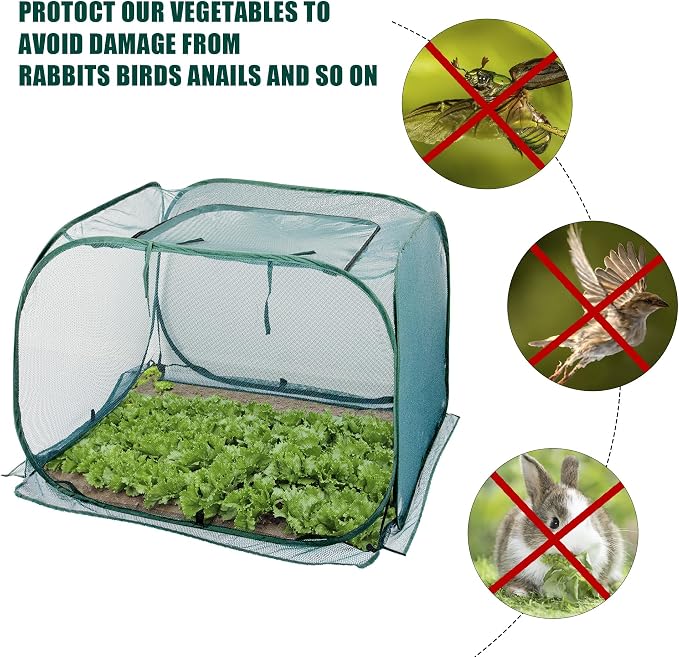 ANC POP 2 Pack Pop Up Mesh Plant Cover,40'' x 40'' x 30'' Plant Protector for Raised Garden & Flower Bed, Net Cage Plant Guard for Fruits, Vegetables, Seedlings and Herbs, 8 Ground Stakes for Fixing