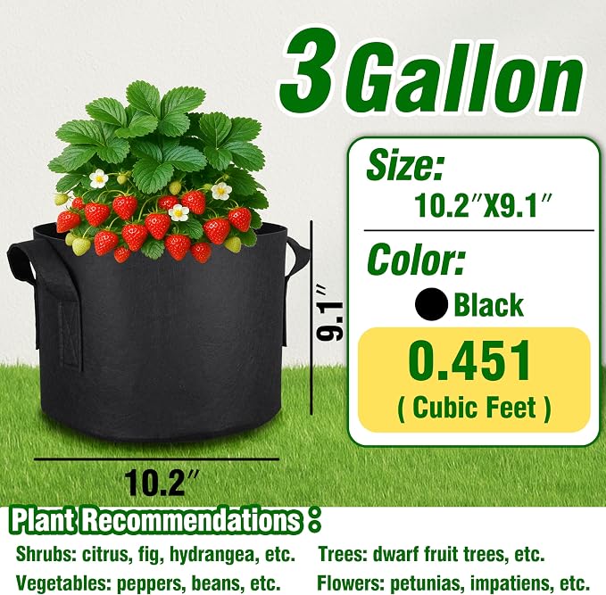 12-Pack 3 Gallon Grow Bags, Heavy Duty Fabric Pots with Handles, Reusable Plant Bags for Vegetable, Herbs & Flowers, BPA-Free, Breathable, Durable