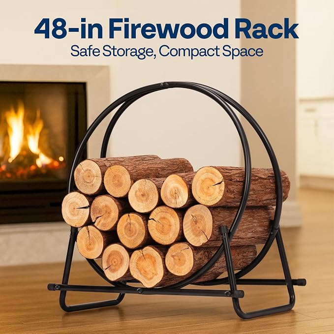 VIVOHOME 48 Inches Firewood Log Rack Hoop with Round Cover, Heavy Duty Solid Steel Fire Wood Storage Rack and Cover Set with Zipper, Round Log Holder Ring for Indoor Outdoor Patio Deck Porch