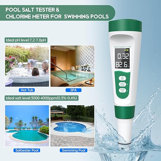 Salt Tester for Saltwater Pool & pH Meter,5 in 1 Digital Water Tester for Salinity,Temp,EC,TDS Meter for Pool Salt Tester,Hot Tubs & Spas,Hydroponics,Aquarium,Accurate & Reliable,Green
