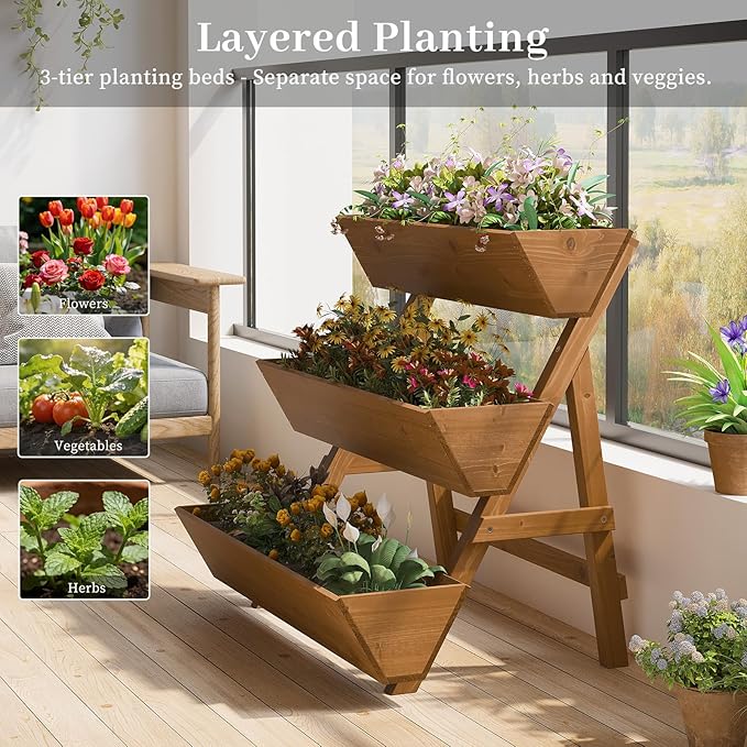 Kitsanery 3-Tiers Wooden Raised Garden Bed,Wood Planter Box for Vegetable,Flower Rack,Flower Pot Stands,Indoor Outdoor Gardening Planting Beds (Brown, Large)