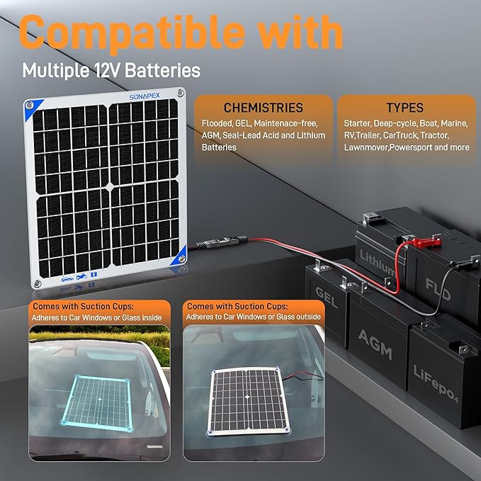 SUNAPEX 12V 10 Watt Solar Trickle Charger Maintainer - Waterproof Solar Powered Battery Charger - Solar Panel Kit Built-in Smart Charge Controller for Car Rv Trailer Truck Boat Automotive Marine
