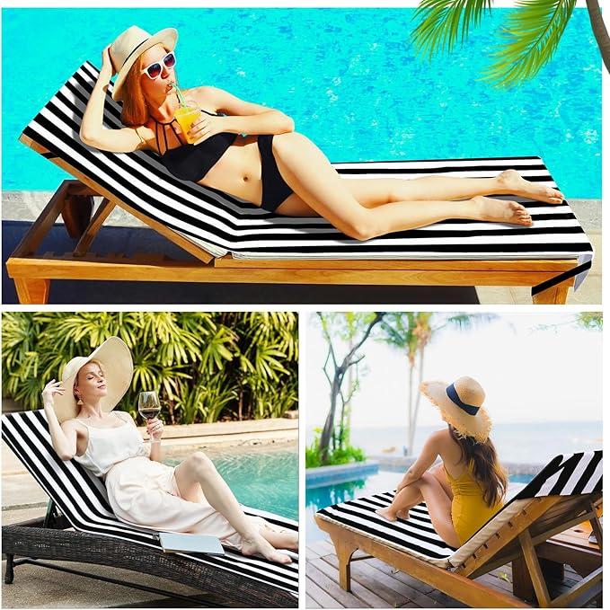 Fumete 2 Pack Lounge Chair Covers 30 x 85 Inch Pool Chaise Lounge Towels Microfiber Beach Chair Towel Portable Striped Outdoor Patio Furniture Cover for Sunbathing Picnic Spa(Black)