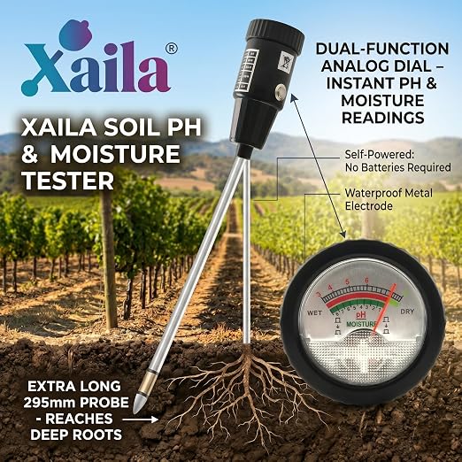 Xaila 2-in-1 Soil pH & Moisture Meter, 300mm Probe – Replacement for Standard Testers, No Battery, Deep Penetration for Garden, Farm, Lawn, Indoor/Outdoor Plants