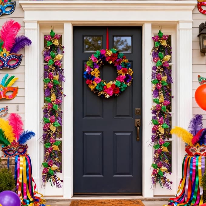 70 Inch Mardi Gras Glitter Garland, Purple Gold Green Poinsettia Flower Garland with Balls for Mantel, Door, Walls, Carnival Indoor Outdoor Home Decor