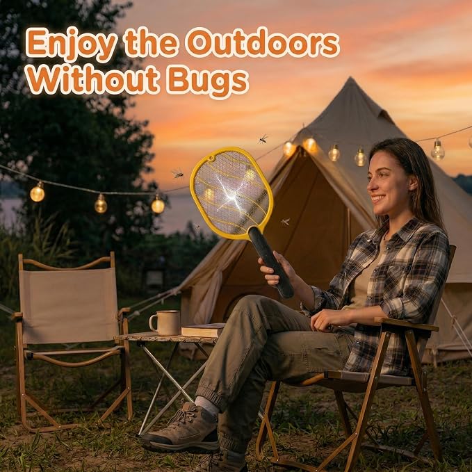 Electric Fly Swatter – Battery Powered Bug Zapper Racket with 2 AA Batteries Included, 3-Layer Safety Mesh, Handheld Fly Zapper for Indoor, Outdoor, Home, Bedroom, Kitchen, Office, Backyard, Patio