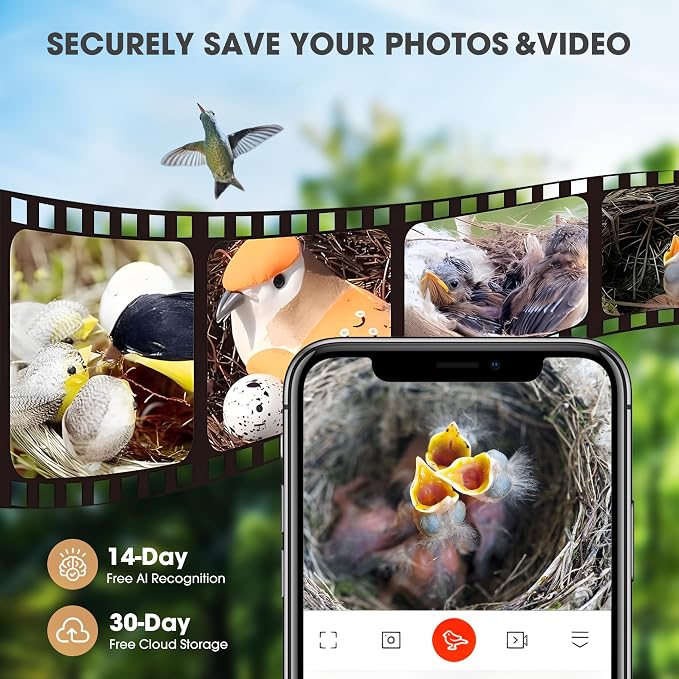 Smart Bird House with AI Identify Camera, 1080P Birdhouse for Outside with Night Vision, Birdhouse with Camera APP Control, Solar Powered Bird House, 2.4G WiFi App to Observe Bird Activities