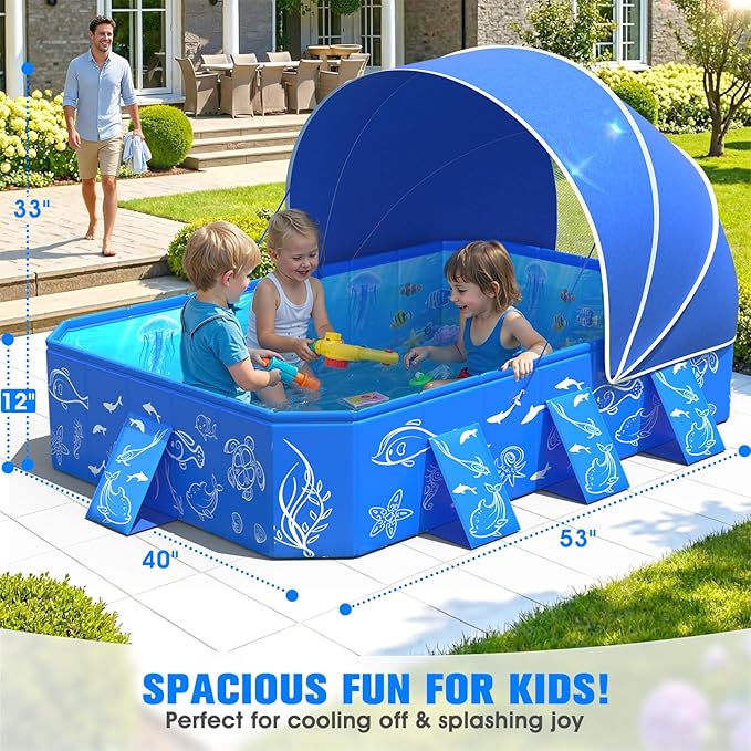 2026 Kiddie Pool with Canopy,Baby Swimming Pool for Toddler,Non-Inflatable Portable Pool for Kids,Foldable Toddler Pool with Shade,Kiddie Pool for Backyard,Pop Up Baby Beach Pool 53''×40''×33''