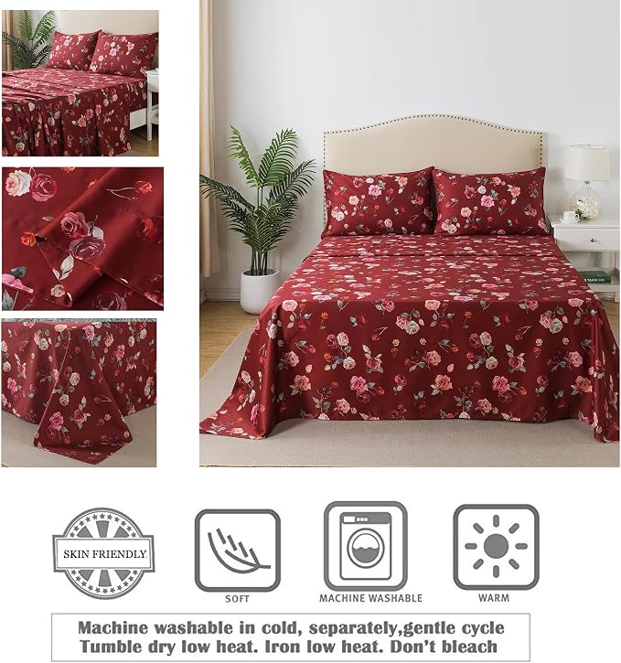 FADFAY Red Rose Sheets Twin XL Vintage Rose Floral Bedding Chic Rose Flower Sheets Shabby Farmhouse Bedding 100% Egyptian Cotton 800 Thread Count Deep Pocket Fitted Sheet 4Pcs, Twin XL for Dorm Room