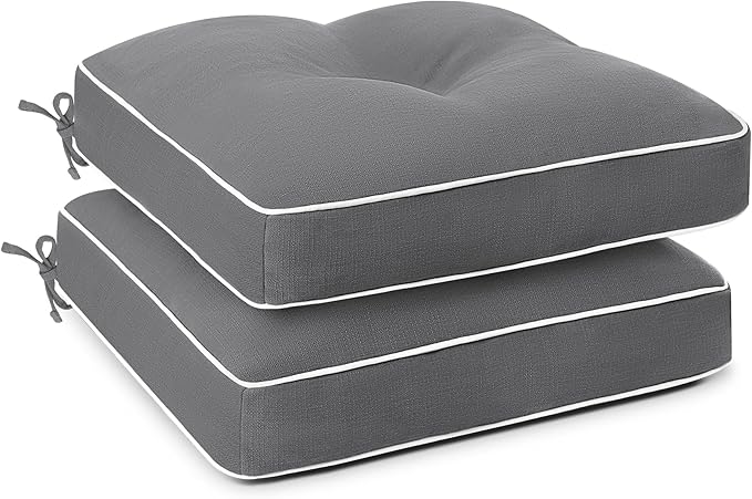 Favoyard Patio Chair Cushions 17 × 17 Inch Water Resistant & 3-Year Color Fastness Outdoor Chairs Cushion for Seat Dining Rocking Wicker Chair Cushion with Tie Straps Tufted Square Pads, Grey, 2 Pack