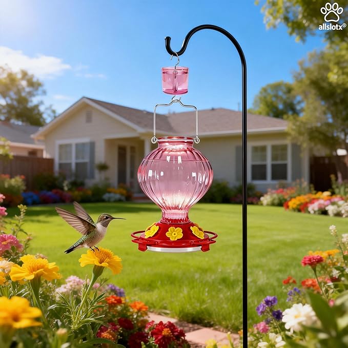Glass Hummingbird Feeder for Outdoors Hanging, 38 oz Nectar Capacity, 6 Feeding Ports, Leak-Proof Rust-Free Plastic Base, Easy to Refill & Clean, Decorative Pink Glass Bird Feeder for Garden Patio
