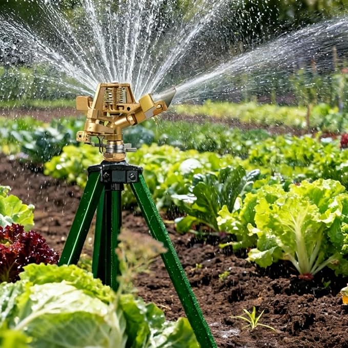 2 Pack Impact Sprinkler on Tripod Base, 360° Adjustable Brass Sprinkler Head with Stakes, Heavy Duty Metal Tripod Lawn Sprinkler for Large Area Lawn, Yard & Garden Irrigation
