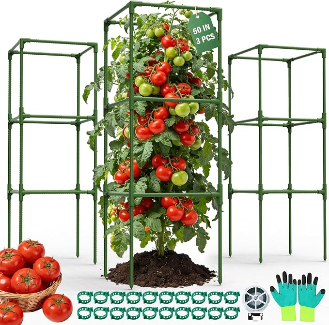 Uyittour 3 Pack Square Tomato Cages for Garden, 50" Heavy Duty Square Tomato Trellis Plant Support Cages for Raised Garden Bed Climbing Vegetables, Set with Garden Gloves, 20 Clips & 65FT Tie Wire