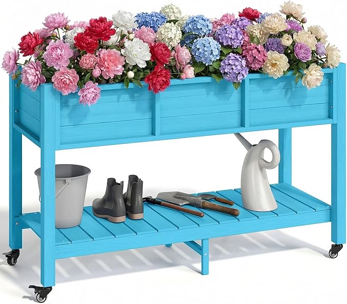 YITAHOME Raised Garden Bed HDPE, 47x18x31In Raised Flower Bed Poly-Wood Weather-Resistant Elevated Planter Box with Lockable Wheels & Storage Shelf for Vegetable Flower, Aruba Blue