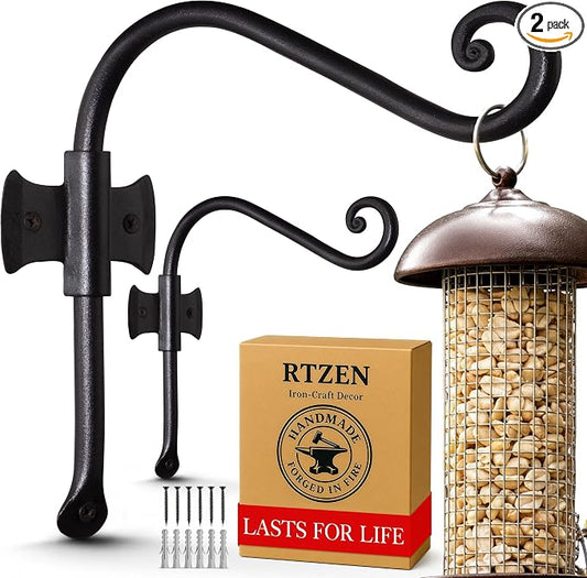 RTZEN Plant Hangers Outdoor or Indoor - Wrought Iron Metal Hanger Indoor Hook - Heavy Duty Wall Bracket Hooks for Hanging Plants Baskets Lanterns Bird Feeders - 2 Pack (Black Axe-Shape Hooks 7.5")