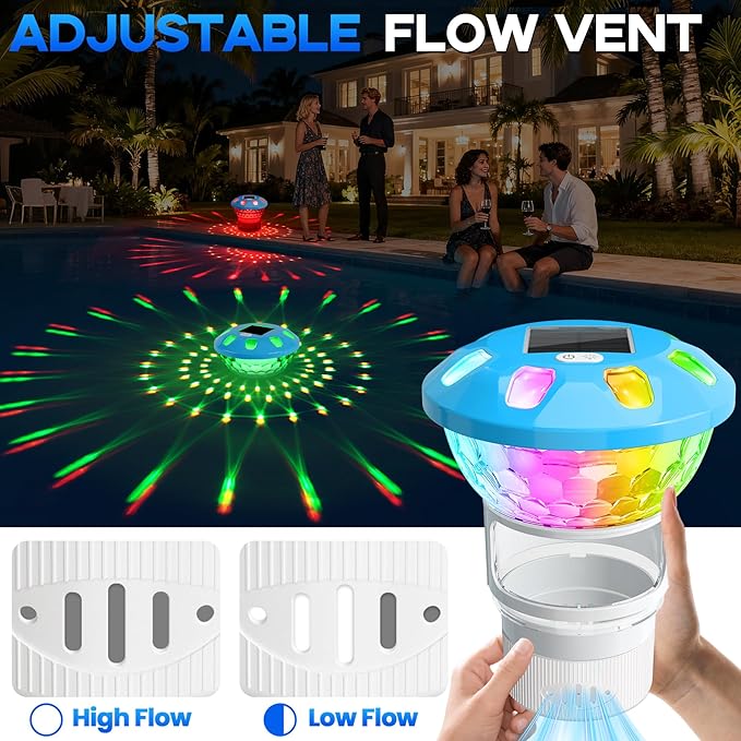 ChlorBlu 2026 Upgrade Solar Chlorine Floater, Chlorine Floater Colorful Lights, Buttons Control Floating Chlorine Dispenser for Pool,Adjustable Pool Chlorine Floater,Large Chlorine Pool Floater,White
