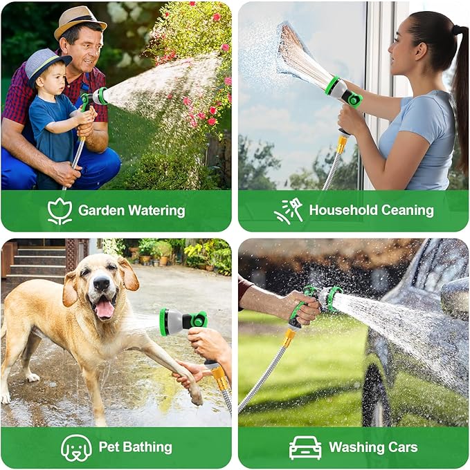 Toolasin Garden Hose 100FT, Flexible Stainless Steel Water Hose with 10-Function Nozzle, No-Kink, Leak-Proof, Wear-Resistant, 3/4 GHT, Easy to Use and Store, Ideal for Garden, Yard, Outdoor