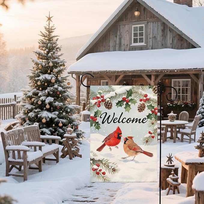Welcome Winter Garden Flag 12x18 Inch Cardinal Bird Snow Scene Christmas Holiday Seasonal Decorative Yard Flags for Outside Double Sided Outdoor Home Farmhouse Decoration Porch New Year Decor