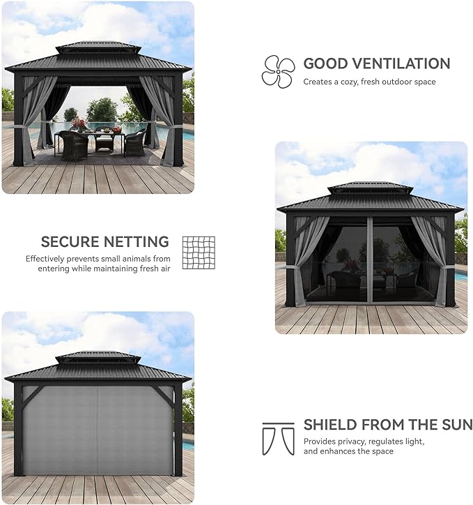 YITAHOME 12x14ft Hardtop Gazebo with Nettings and Curtains, Heavy Duty Double Roof Galvanized Steel Outdoor Combined of Vertical Stripes Roof for Patio, Backyard, Deck, Lawns, Gray