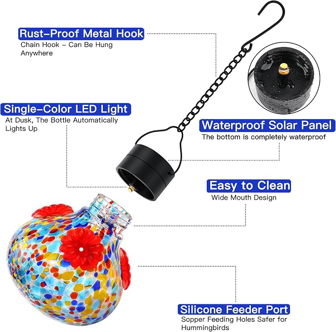SAVENNA Hand Blown Glass Solar Hummingbird Feeder with Soft Night Light, 17oz Leak-Proof Decorative Feeder for Outdoor Garden Patio Yard – Multicolor