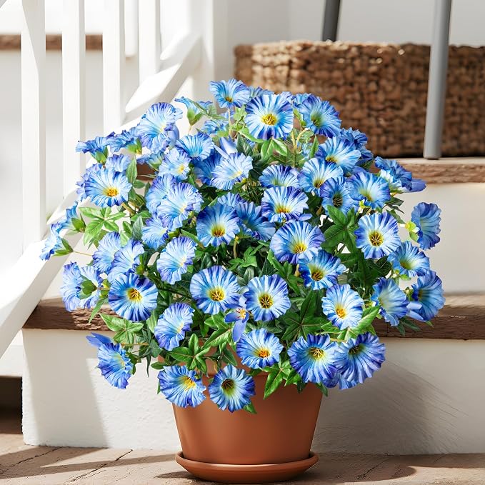 Blue Artificial Morning Glory Flowers for Outdoor Planters, Premium UV Resistant Silk Faux Flowers for Porch, Hanging Basket & Window Box, Lifelike Floral Arrangement, No Pot 13.3“ 8 Bundles