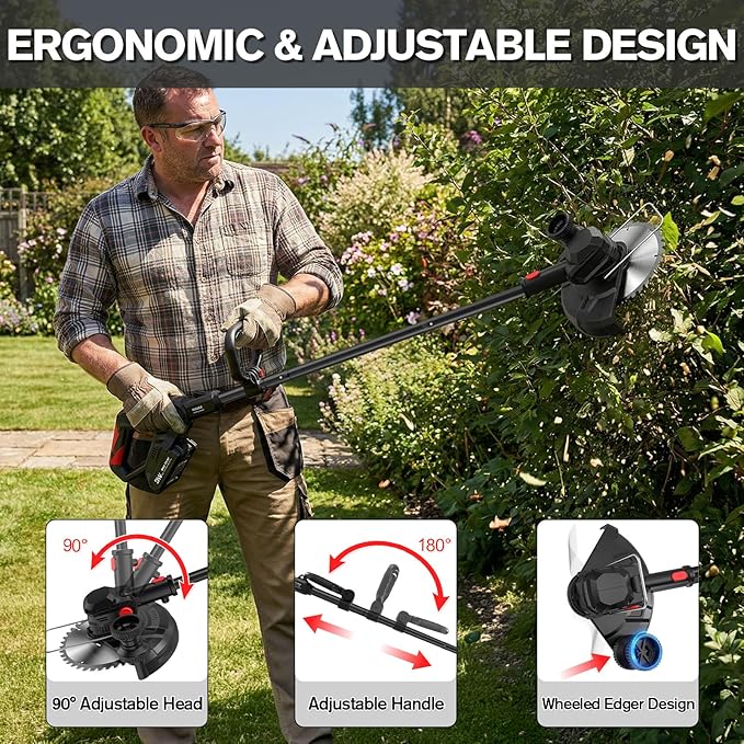 21V Cordless Weed Wacker Lawn Edger, 4.6lbs Lightweight Battery Powered String Trimmer, 4-in-1 Brush Cutter with Metal Blades, Wire Brush & Guide Wheel for Garden Edging (2 Batteries, 2.0Ah)