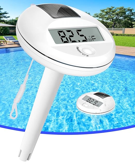 Sinbyuer 2026 Solar Digital Pool Thermometer with Rope | Easy Read Large LCD Display & Big Numbers Floating Pool Thermometer | High Precision & IP68 Waterproof Pools Temperature Gauge for Spa - White