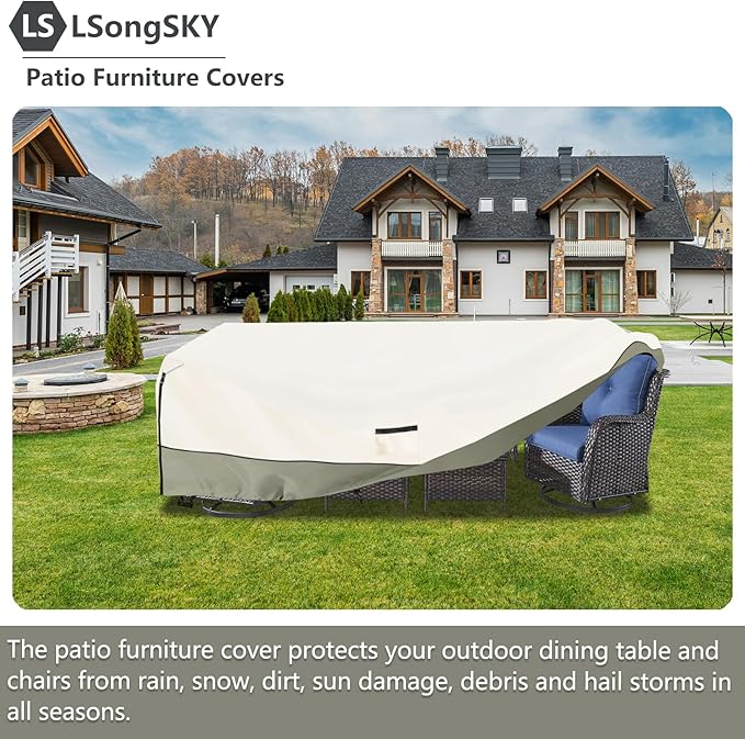Outdoor Furniture Covers Waterproof,600D Heavy Duty Outdoor Dining Table and Chairs General Purpose Furniture Cover,Patio Furniture Covers 111L x 74W x 28H inch Beige