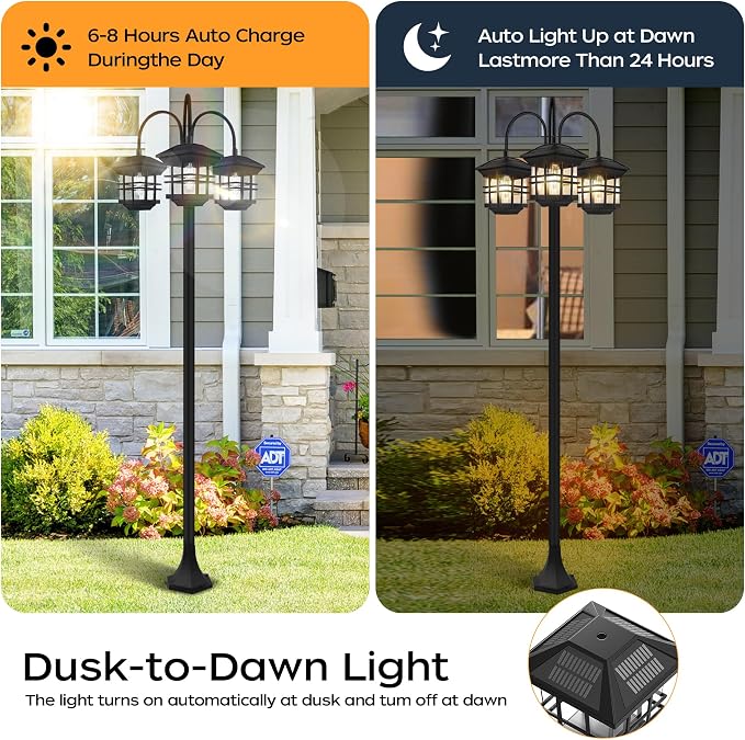 76" Classic Black Solar Lamp Post Lights - 3-Head Waterproof Outdoor Street Lights, Pole Light Decorative Lamp for Backyard, Garden, Driveway, Lawn (LED Bulbs Included)