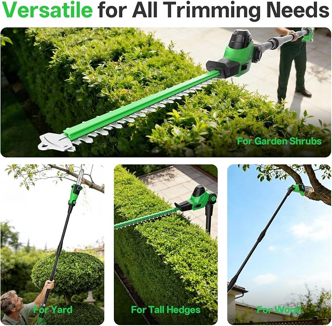 SOYUS 2-in-1 Pole Saw 8-Inch Cordless and 18-Inch Pole Hedge Trimmer, Pole Saw for Tree Trimming with 2x 3.0Ah Battery & Charger, 15-Foot Max Reach Pole Chainsaw with Multi-Angle, Auto Oiling