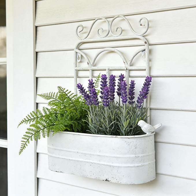 Rustic Metal Wall Planter Vintage Wall Mounted Flower Pot Distressed Wall Hanging Plant Basket Farmhouse Wall Decor for Indoor Outdoor Garden Home Yard (White)