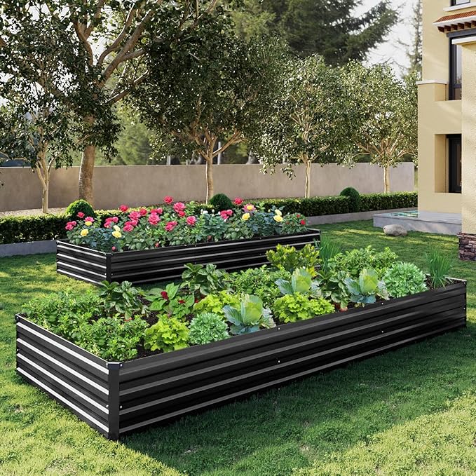 10×3×1FT(2PCS) Galvanized Raised Garden Bed Kit Metal Planter Boxes,Large Outdoor Planters Garden for Planting Vegetables,Flowers,Herbs -Black
