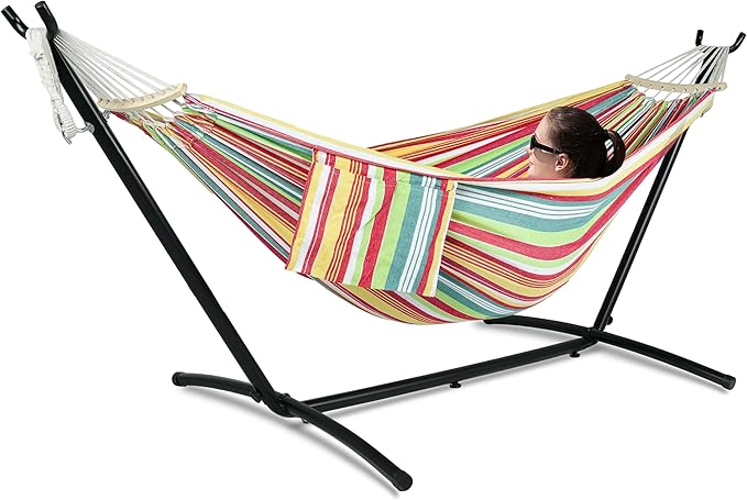 Gafete Double Hammock with Stand for Outside, Upgraded Spreader Bar, Heavy Duty Space Saving Steel Stand 2 Person, Side Pockets, Easy Assembly, 600lbs Weight Capacity, Indoor & Outdoor (Salsa Orange)
