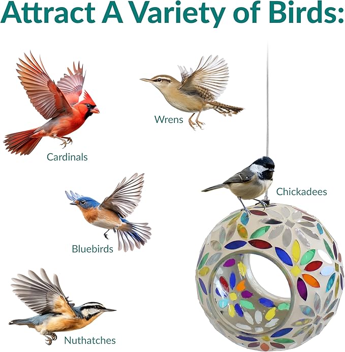 Sunnydaze 6-Inch Glass Mosaic Hanging Bird Feeder for Outdoors - Fly-Through Glass Bird Feeder for Cardinals, Jays, Finches and More - Rainbow Daisies