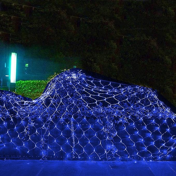 Dazzle Bright Christmas Net Lights, 360 LED 12FT x 5 FT Transparent Wire Waterproof Connectable String Lights with 8 Modes Christmas Decoration Outdoor Lights for Bushes Garden Party Holiday (Blue)