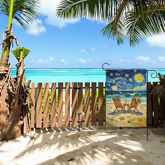 Beach Garden Flag Spring Summer Coastal Yard Flags Van Gogh Inspired Starry Night Style Ocean Seaside Chairs House Banner for Outside Lawn Patio Porch Seasonal Home Double Sided 12x18 Inch