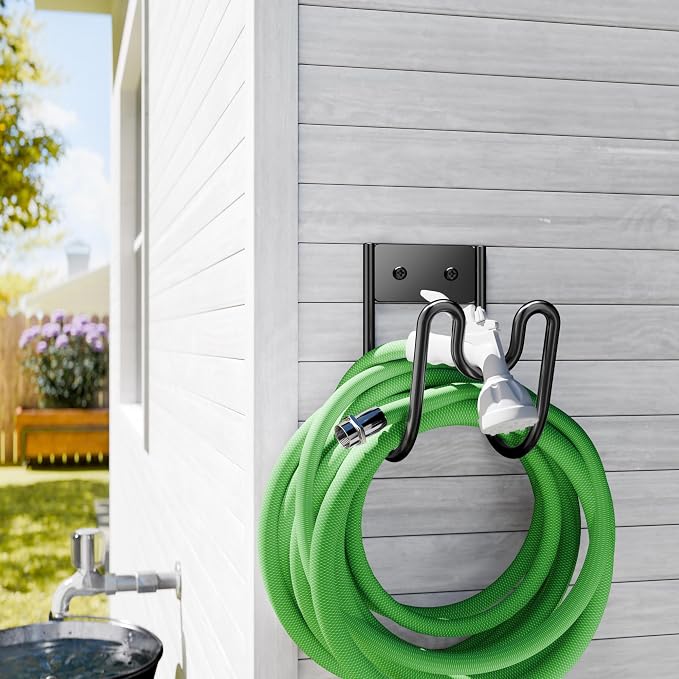 Black Metal Garden Hose Holder - Wall Mounted Water Hose Holder - Hose Hanger Heavy Duty for Water Hose Extension Cords Vacuum Hose (1 Pack)