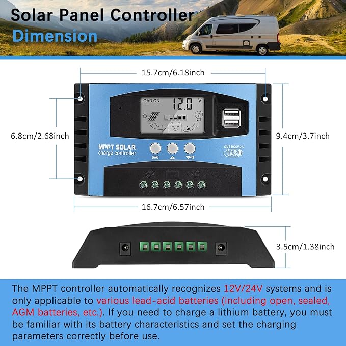 100A MPPT Solar Charger Controller 12V/24V Auto Intelligent Regulator with LCD Display/Dual USB Port/Adjustable Parameter/3 Load Modes Fit for Lead-Acid, Lithium-Ion and Lithium Iron Phosphate Battery