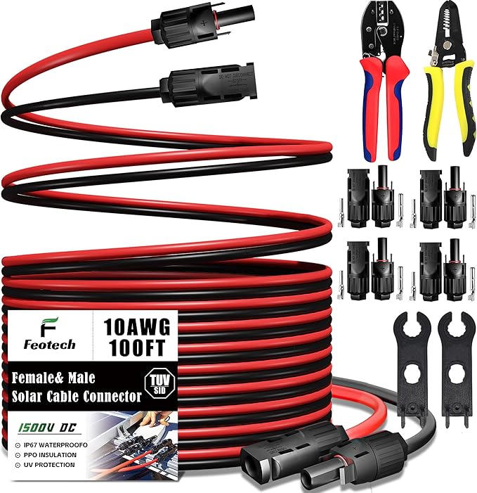Twin Wire 100FT Solar Extension Cable - 10AWG (6mm²) Solar Panel Connector, with IP67-Male/Female Solar connectors for Outdoor Automotive RV Boat Marine Solar Panel- Black & Red