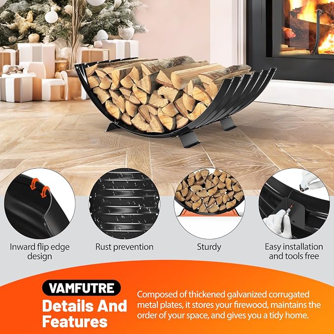 Metal Firewood Rack Outdoor By Fire Pit/Steel Logs Storage Indoor Beside Fireplace-with Metal Legs,Rustproof,Durable & Stylish Firewood Holder (Sector, 32 Inches Diameter)