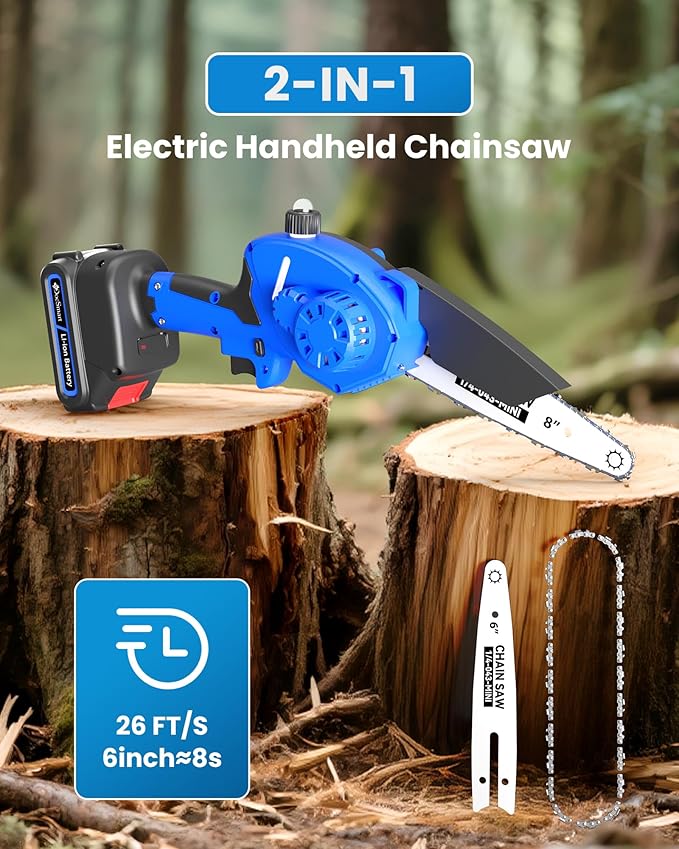 Electric Mini Chainsaw for Pruning Small Trees, Brushless 8 inch & 6 inch Portable Hand Saw with 2 Rechargeable Batteries, 1000W Handheld Chain Saw for Wood Cutting, Gardening Gifts for Mother's Day