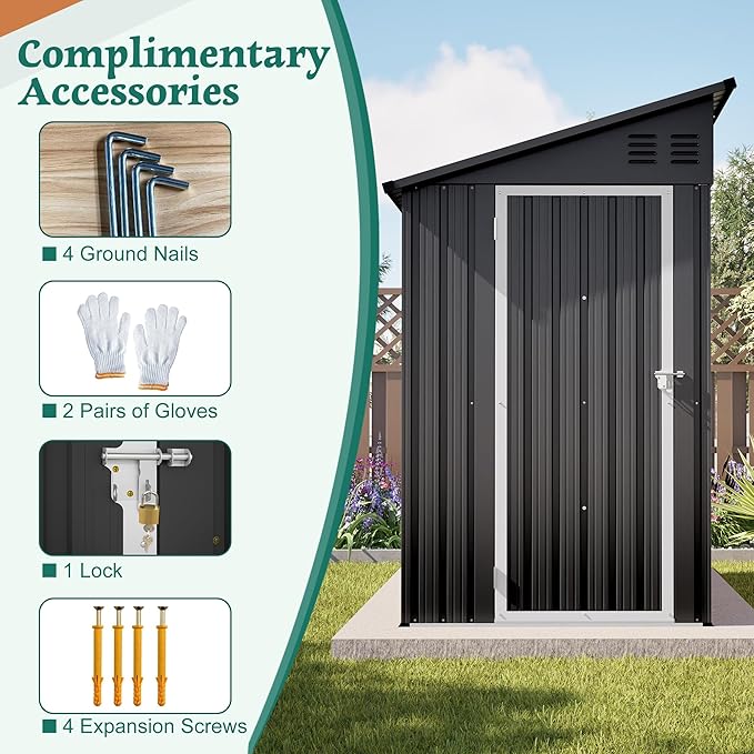 YOPTO 4×8 FT Lean to Metal Shed,Outdoor Heavy-Duty Storage Shed with Floor Base,All Weather Waterproof Garden Tool House W/Lockable Door&2 Air Vent,Reversible Door Design,for Backyard,Patio,Lawn,Black