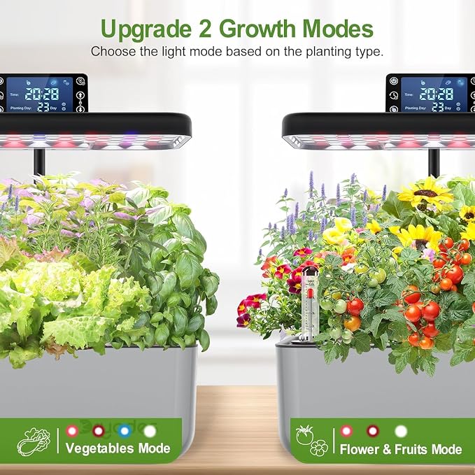 12 Pod Hydroponic Indoor Garden System with Full Spectrum LED Grow Light, Countertop Herb Growing Kit with Seed Starter, Soil-Free Planter for Kitchen, 13.8 x 13.8 x 7.9 Inches, Silver