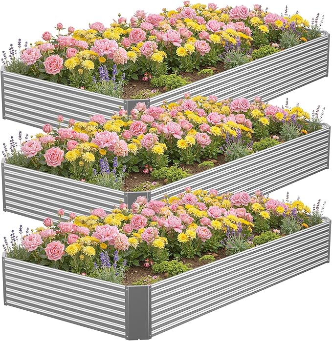 3 Pcs 8 x 4 FT Galvanized Steel Raised Garden Bed – Outdoor Planter Box for Root Vegetables, Herbs & Flowers, Large Metal Garden Beds for Backyards, Terraces and Balconies