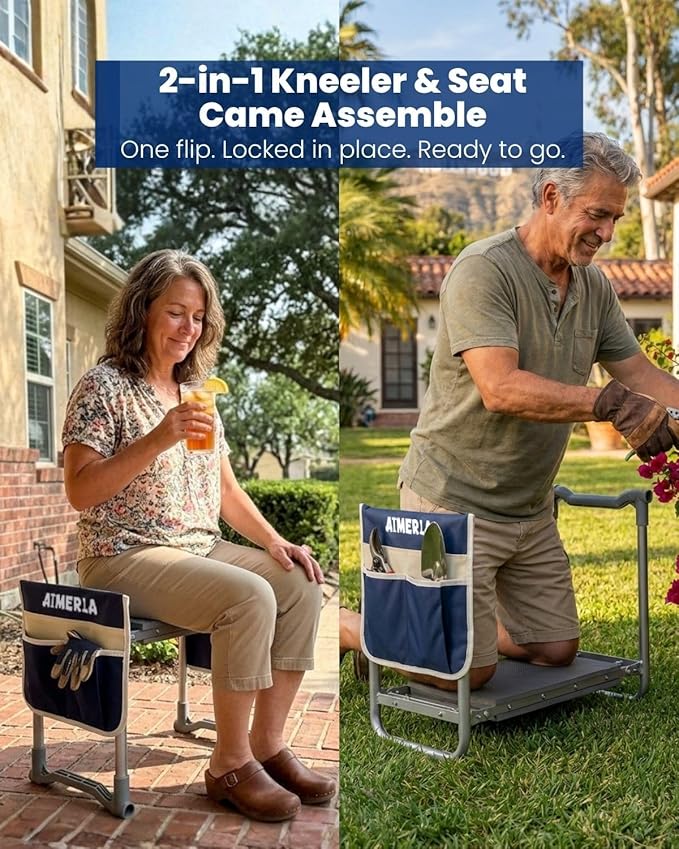 Aimerla Foldable Garden Kneeler Seat Heavy Duty [Upgraded Widened Thick Kneeling Pad] Garden Stool with Large Garden Tool Bags with Pockets - Portable Garden Bench Gardening Gifts for Parents