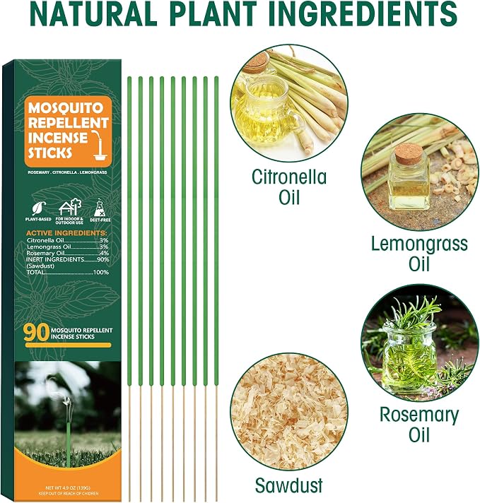 90 pcs Mosquito Repellent Outdoor Patio Sticks, Citronella Repellent Incense Sticks, Natural Essential Oil Incense, Repel Mosquito for Indoor, Patio, Camping, Fishing